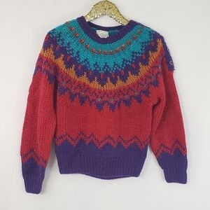Vintage 80s Ivy Womens Multicolor Rainbow Hand Knit Sweater Size Small Aztec